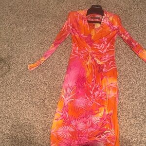 Versace Vibrant Pink and Orange Long Sleeve Dress